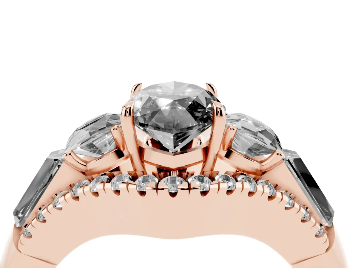 Fancy Black Three-Stone Marquise Cut Diamond Engagement Ring with Pave Band and Prong Setting Rose gold
