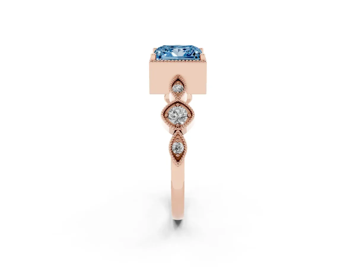 Fancy Blue Princess Cut Diamond Vintage Milgrain Ring with Round Stations Rose gold