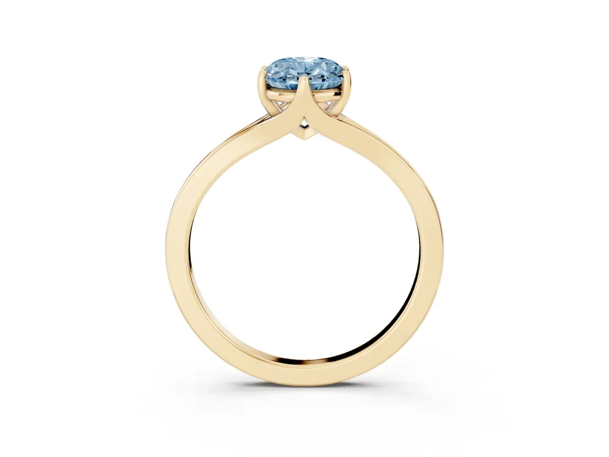 Fancy Blue Oval Cut Solitaire Diamond Ring with Six-Prong Setting and Tapered Band Yellow gold