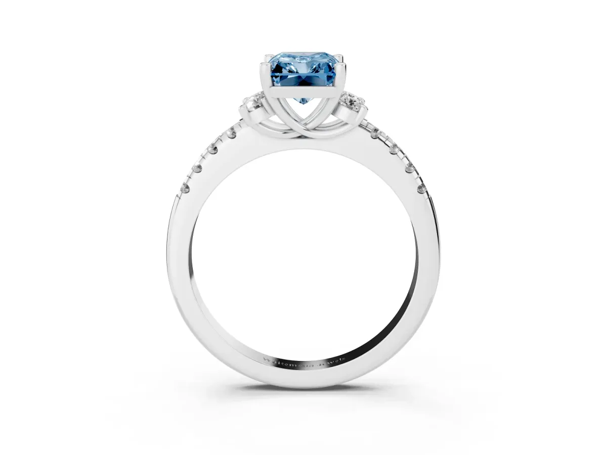 Fancy Blue Radiant Cut Diamond Three-Stone Pave Band with Four-Prong Setting Silver