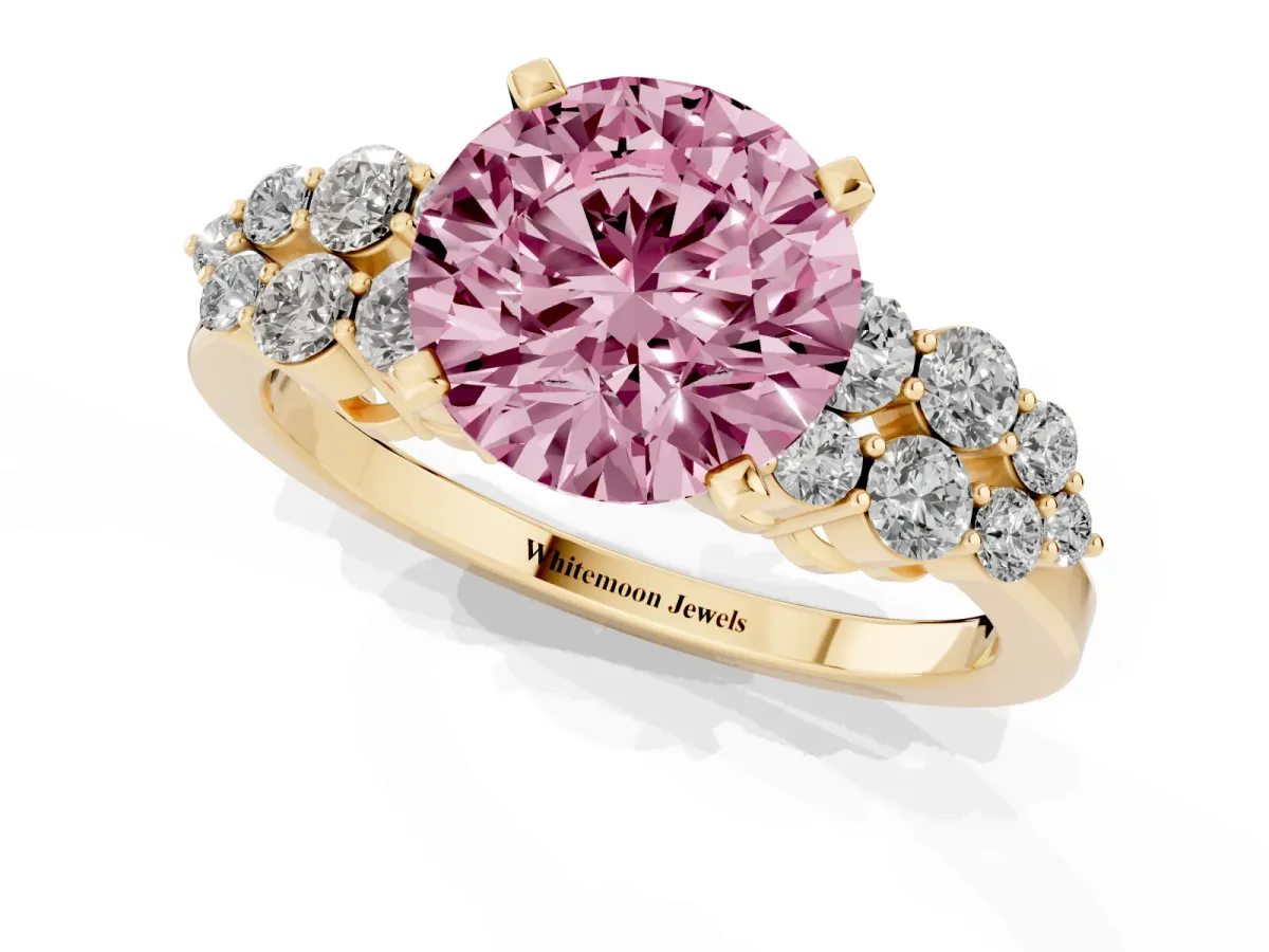 Fancy Pink Round Cut Cluster Diamond Engagement Ring with Pavé Band and Four-Prong Setting Yellow gold