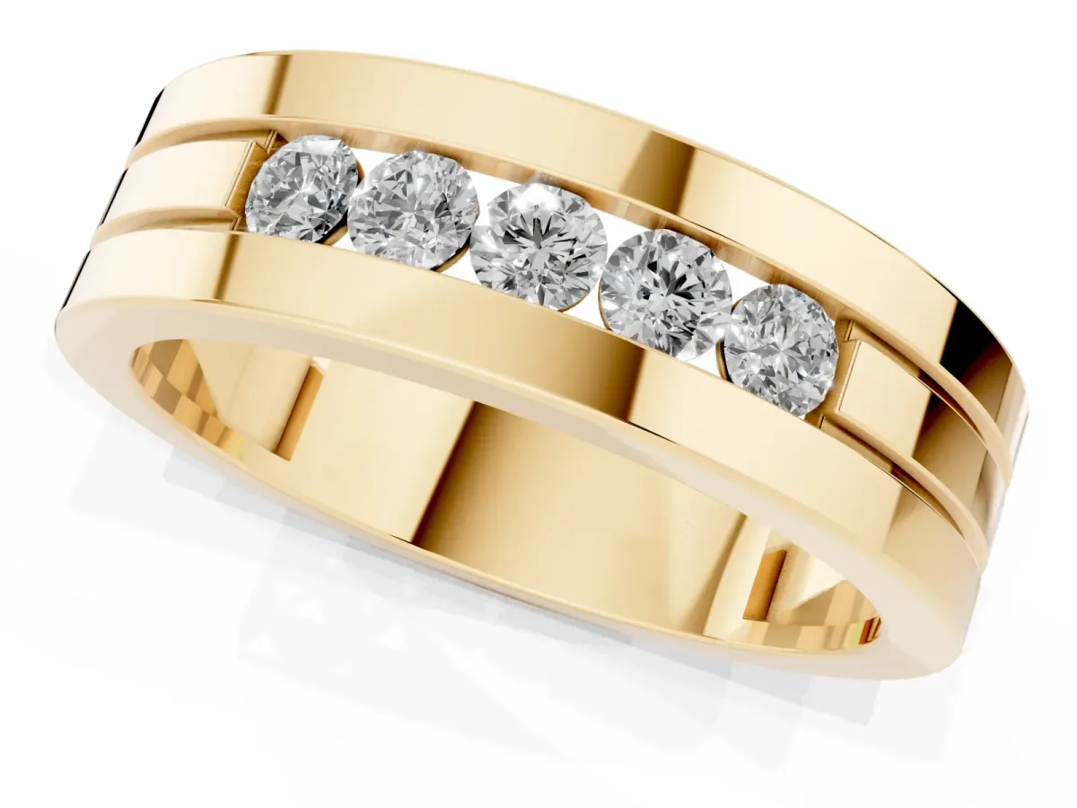 Round Diamond Five-Stone Channel Set Mens Band Yellow gold