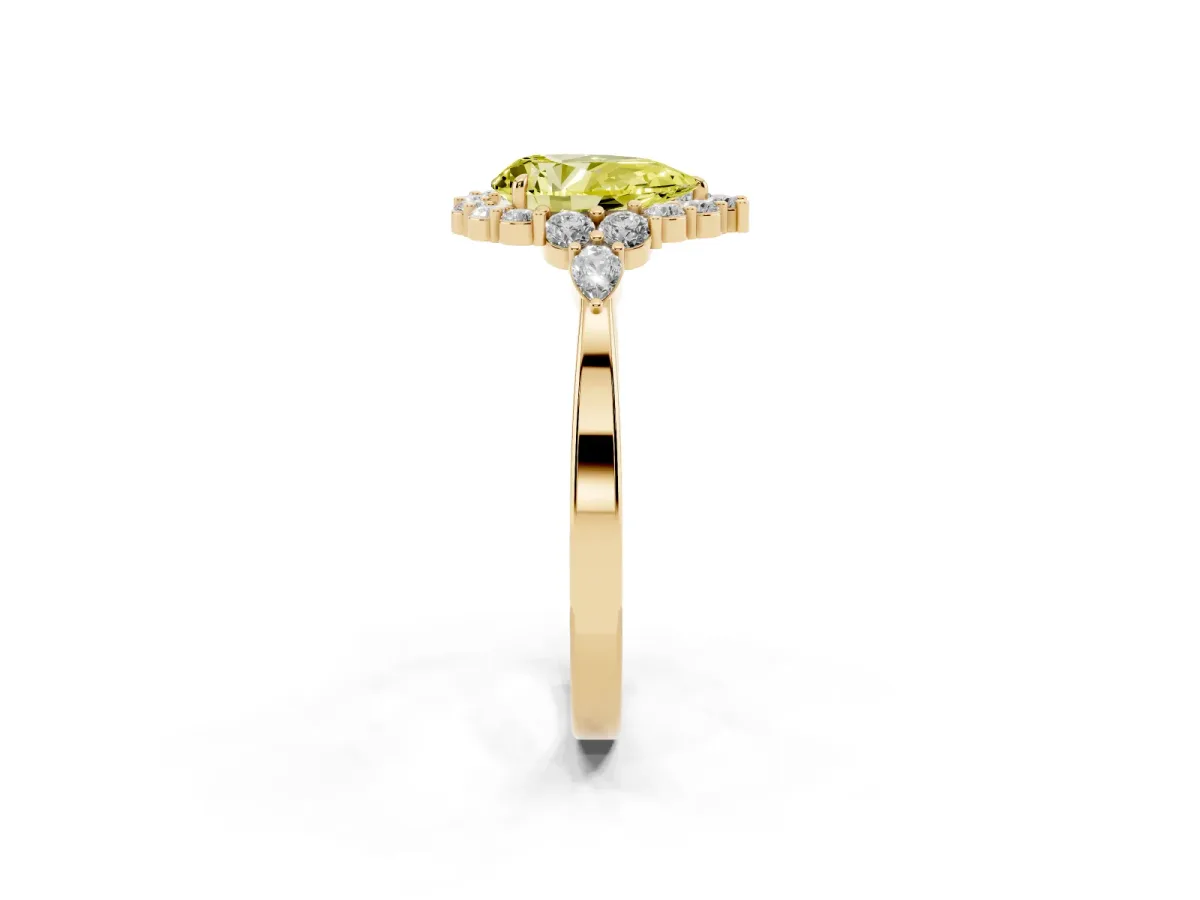 Fancy Yellow Pear Cut Diamond Halo Ring with Pear Side Stones and Prong Setting Yellow gold