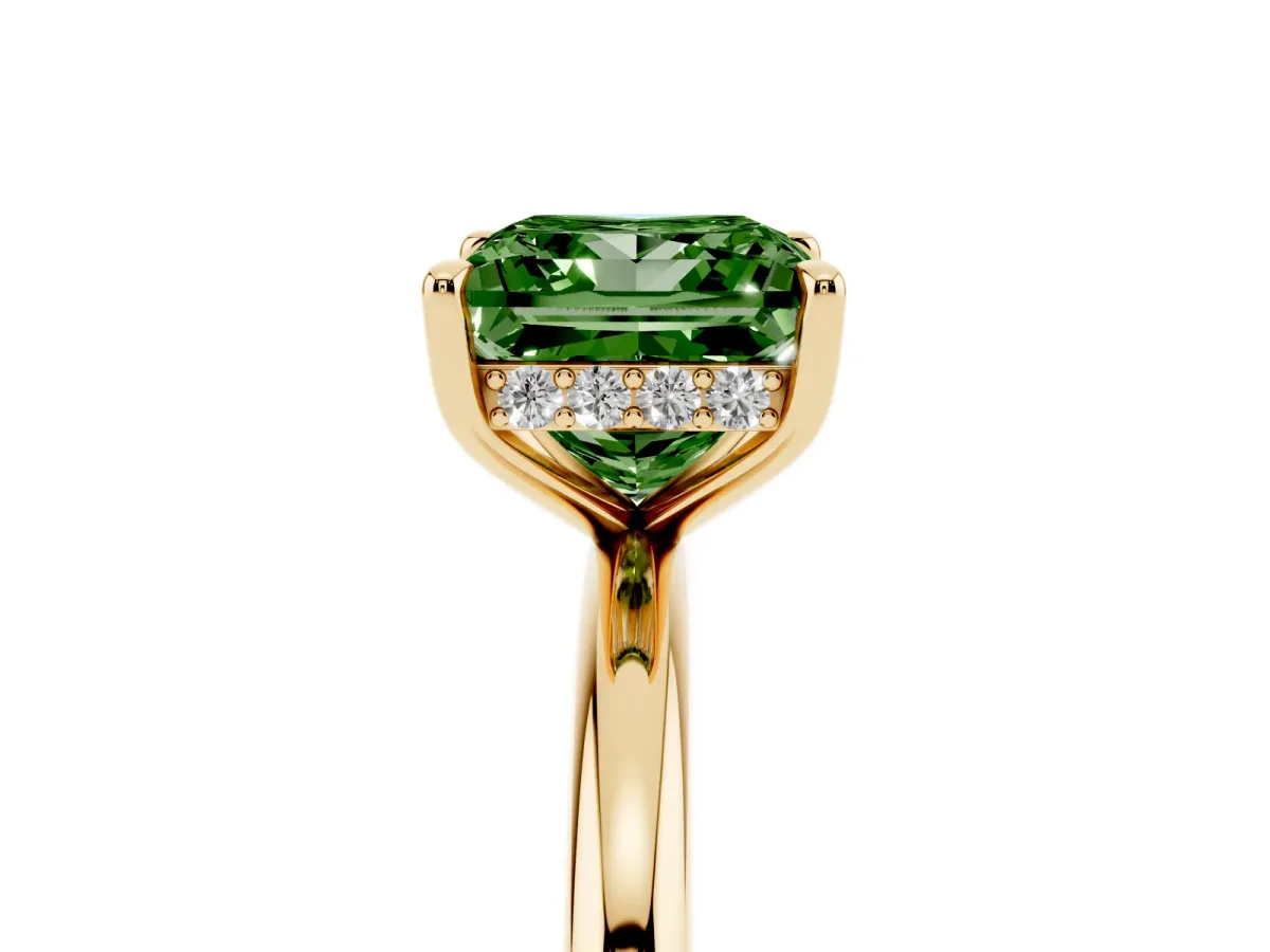 Fancy Green Princess Cut Diamond Solitaire Ring with Thin Band and Four-Prong Setting Yellow gold