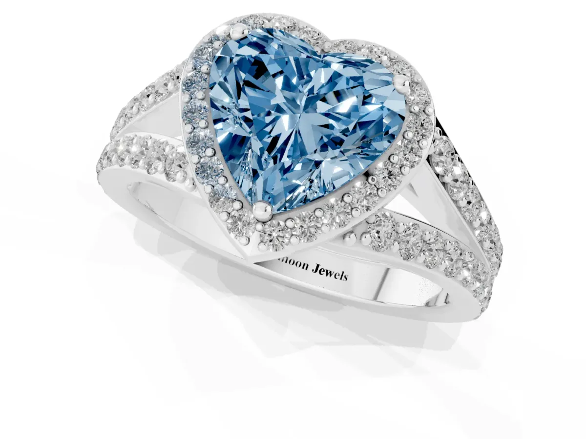 Fancy Blue Heart Cut Diamond Split Shank Halo Ring with Four-Prong Setting White gold