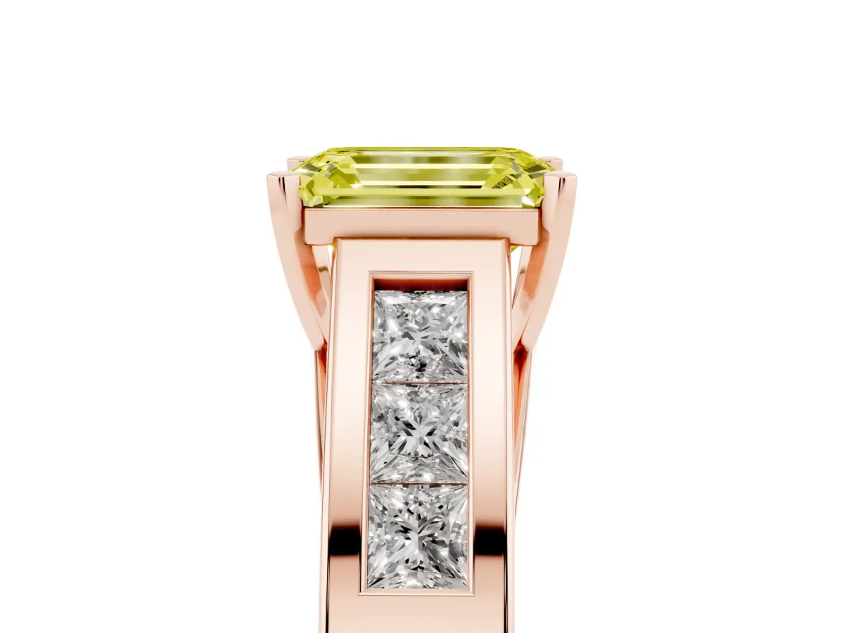 Fancy Yellow Emerald Cut Cut Channel Set Solitaire Ring with Four-Prong Setting Rose gold
