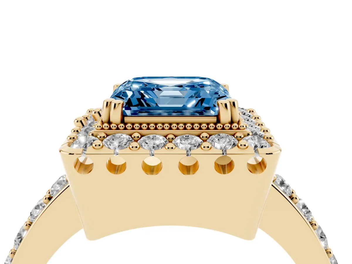 Fancy Blue Asscher Cut Diamond Halo Ring with Pavé Band and Prong Setting Yellow gold