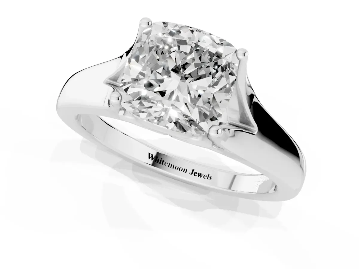 Cushion Cut Solitaire Diamond Ring with Cathedral Band and Four-Prong Setting Silver
