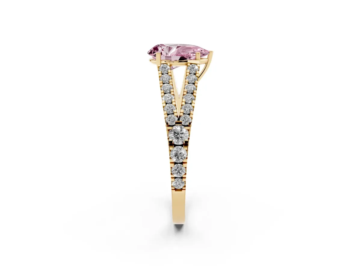 Fancy Pink Pear Cut Diamond Split Shank Engagement Ring with Round Pavé and Prong Setting Yellow gold