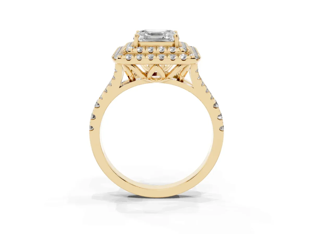 Double Halo Asscher Cut Diamond Pavé Split Shank Ring with Prong Setting Yellow gold