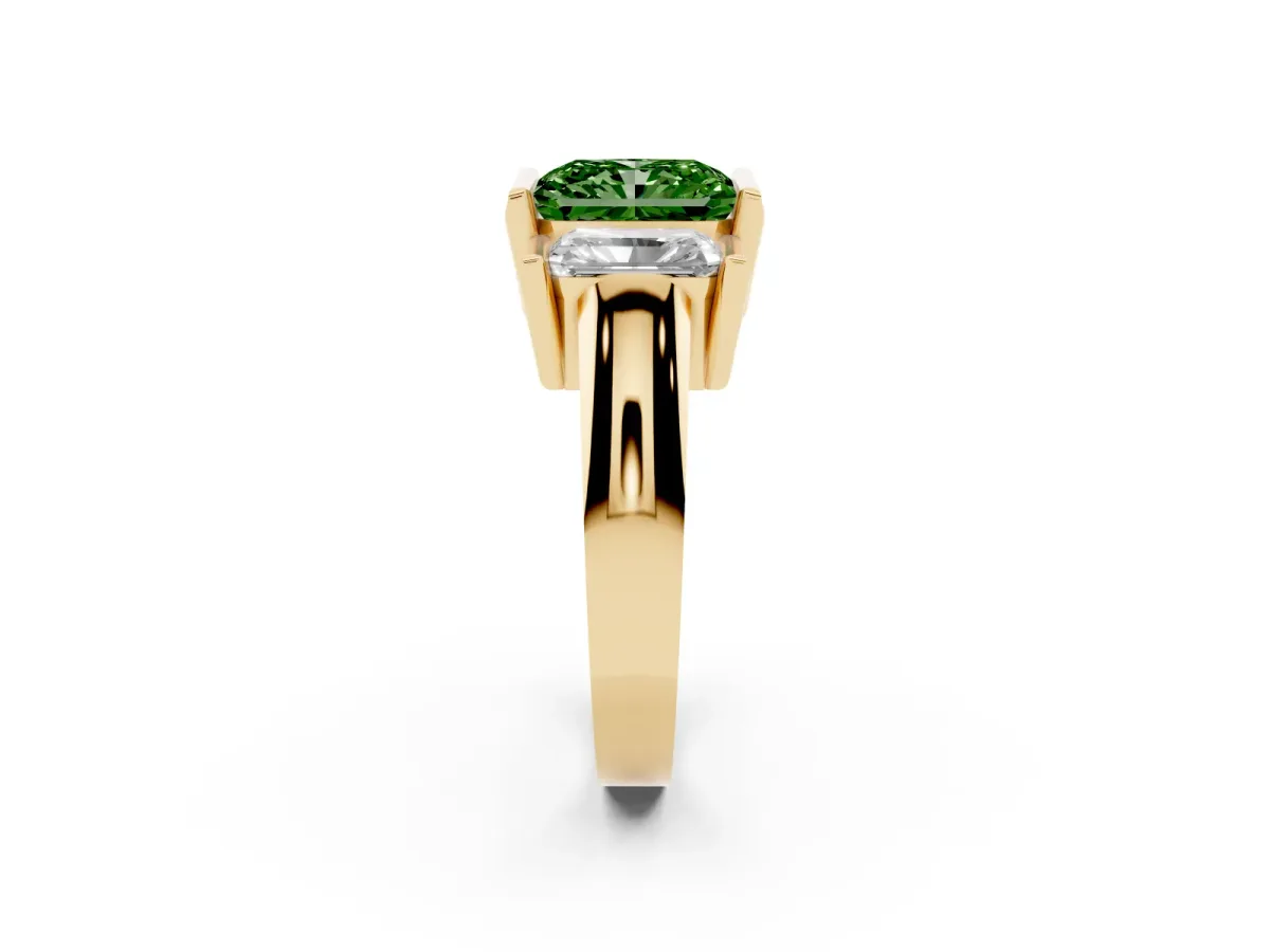 Fancy Green Three Stone Radiant Cut Cut Channel Set Diamond Ring Yellow gold