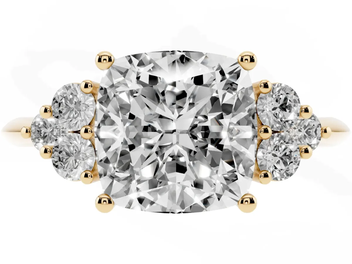 Cushion Cut Cut Diamond Cluster Ring with Solitaire Band and Four-Prong Setting Yellow gold