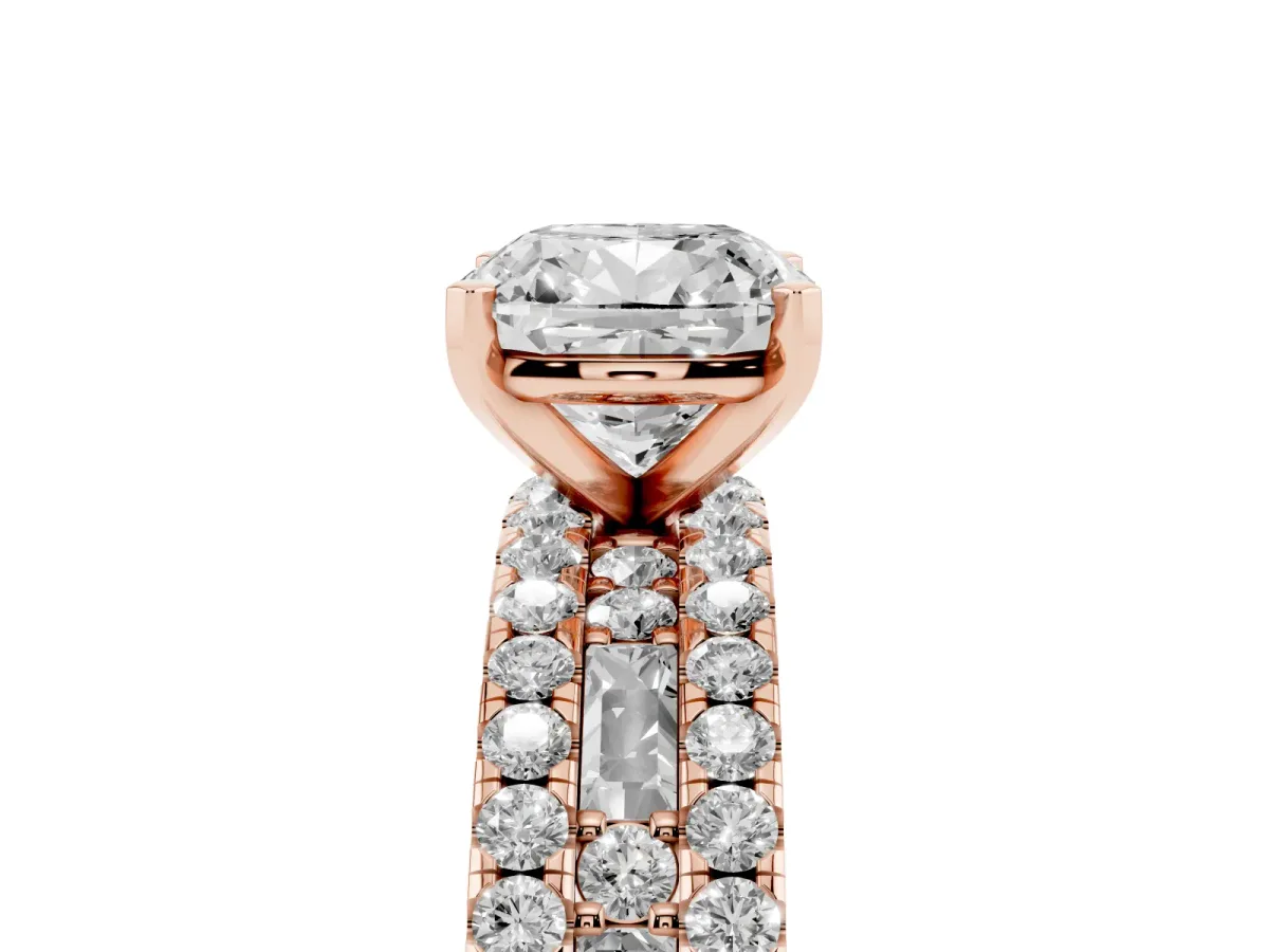 Cushion Cut Diamond Solitaire Ring with Pavé and Channel Set Band Rose gold