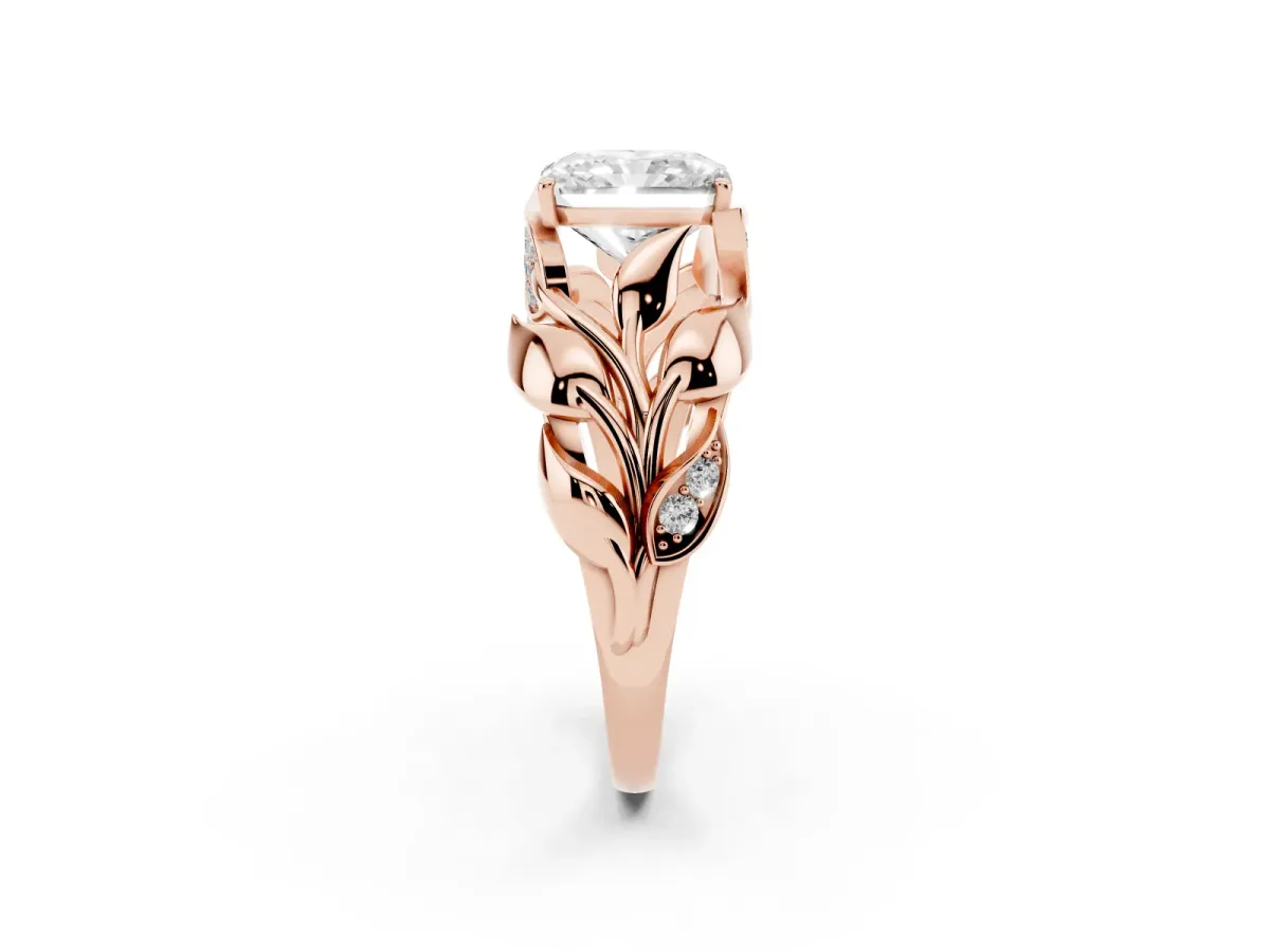 Radiant Cut Diamond Leaf-Inspired Engagement Ring with Round Accents and Prong Setting Rose gold