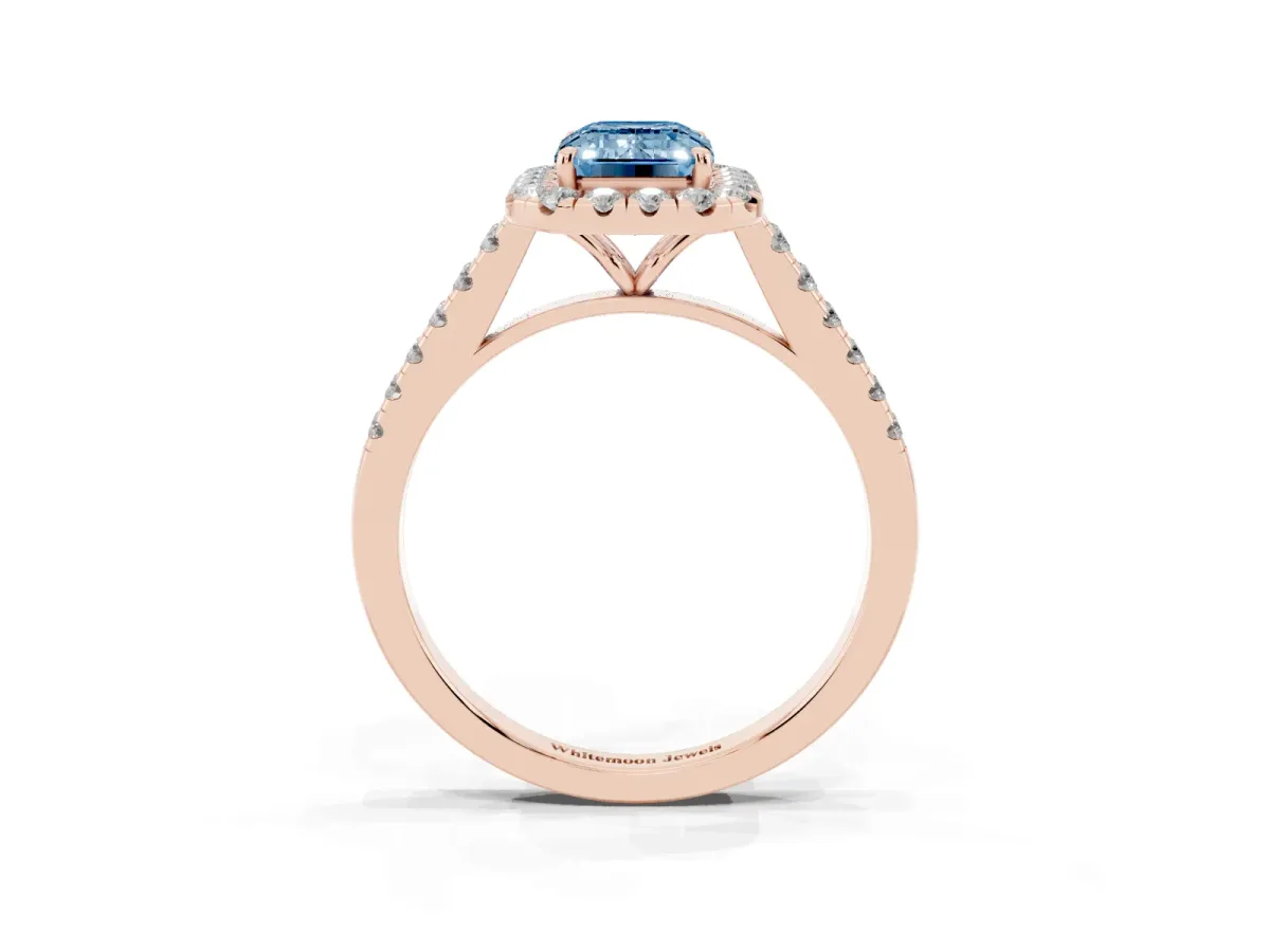 Fancy Blue Emerald Cut Halo Pave Diamond Engagement Ring with Four-Prong Setting Rose gold