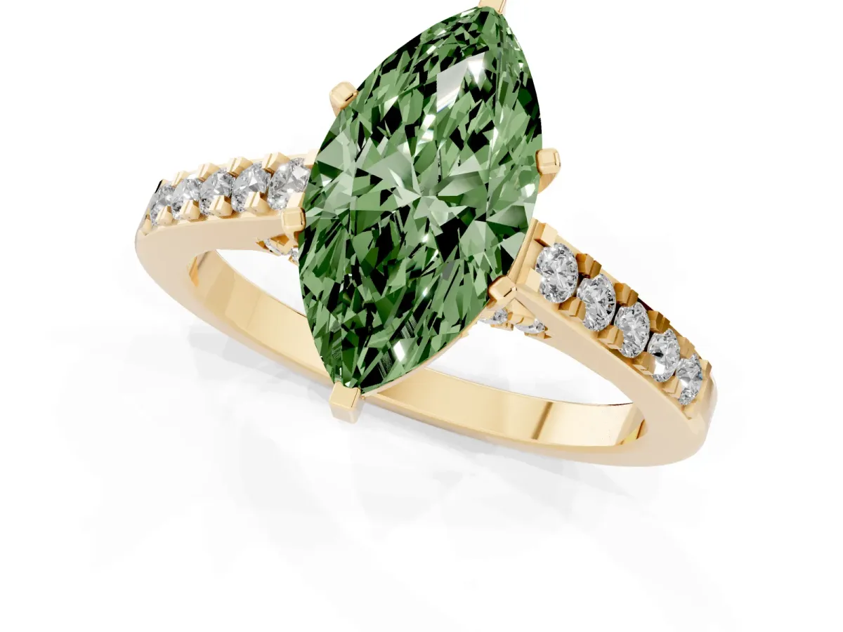 Fancy Green Marquise Cut Diamond Solitaire Ring with Crossover Gallery and Round Pavé Band Yellow gold