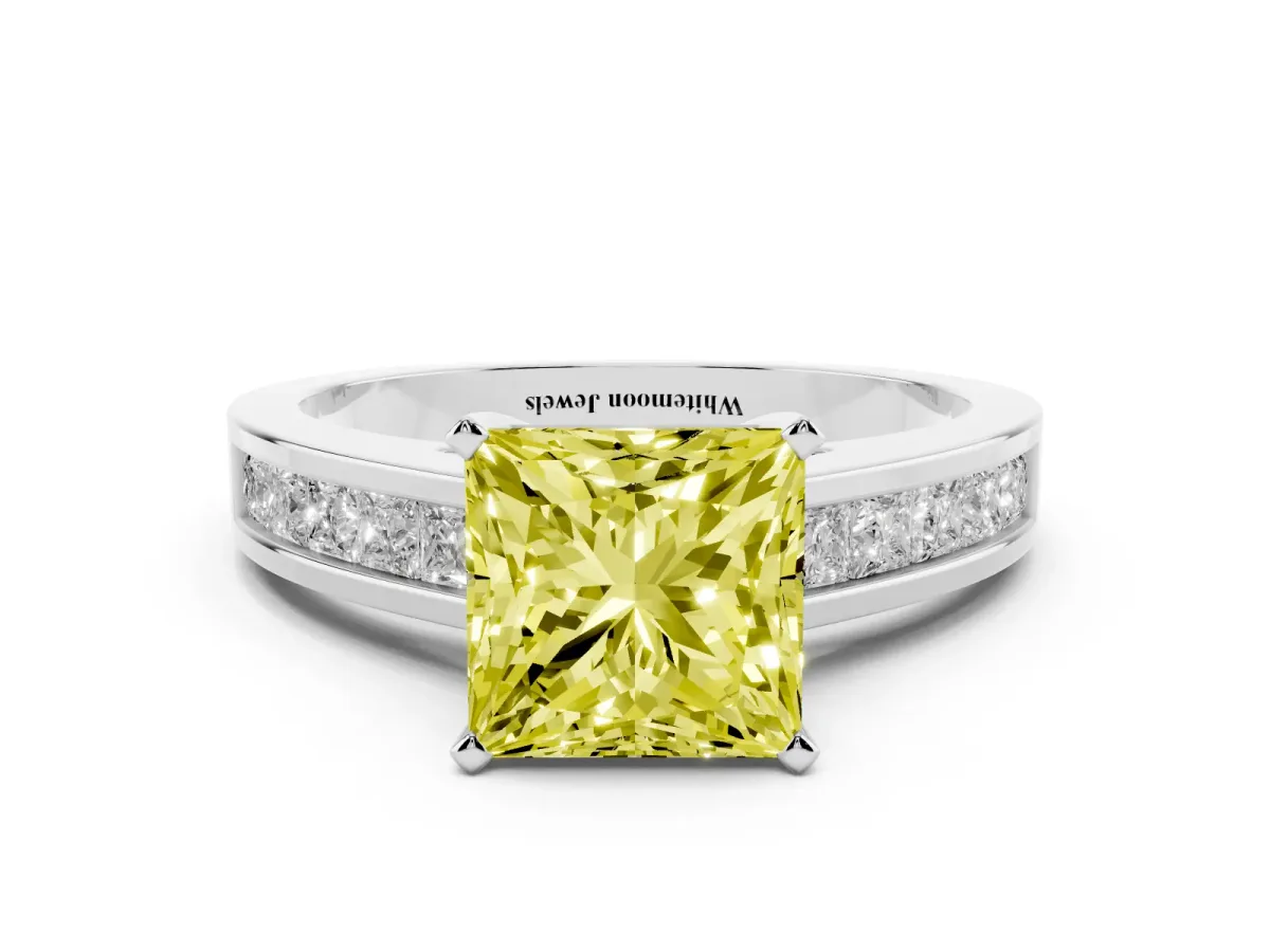 Fancy Yellow Princess Cut Solitaire Diamond Ring with Channel-Set Band and Four-Prong Setting Silver