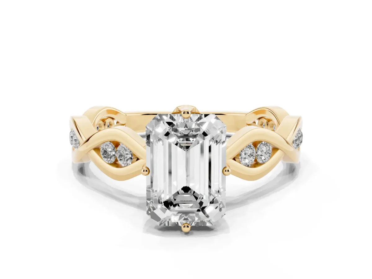 Emerald Cut Solitaire Twist Band with Leaf Prong Setting Yellow gold