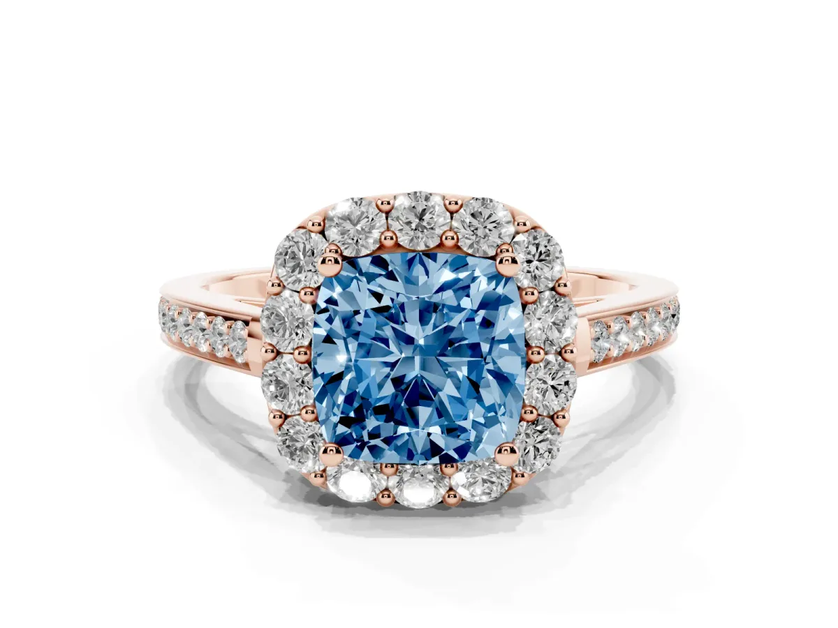Fancy Blue Cushion Cut Diamond Floral Halo Ring with Pavé Band and Prong Setting Rose gold