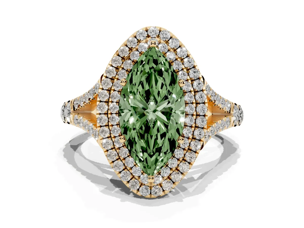Fancy Green Marquise Cut Cut Double Halo Split Shank Diamond Ring with Prong Setting Yellow gold