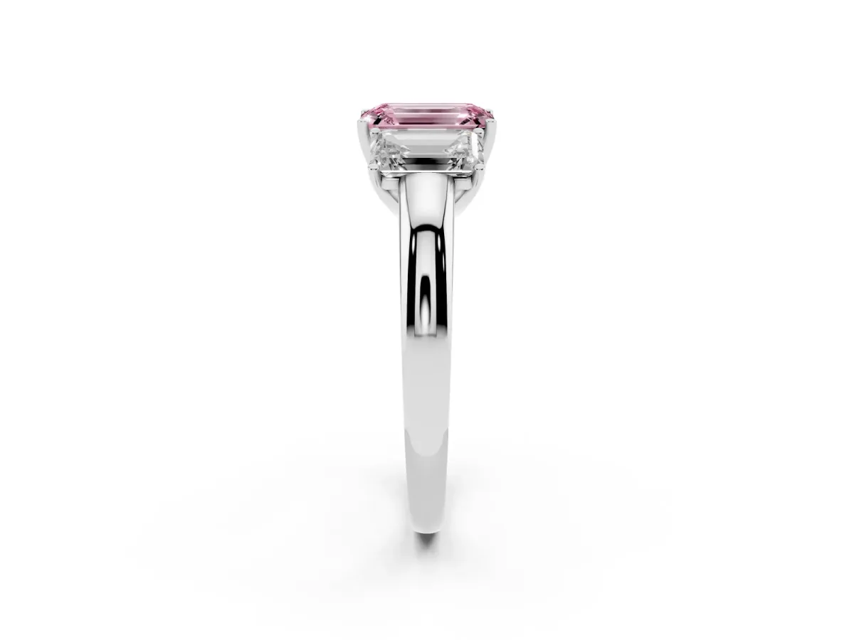 Fancy Pink Emerald Cut Diamond Three-Stone Ring with Four-Prong Setting and Classic Band Silver