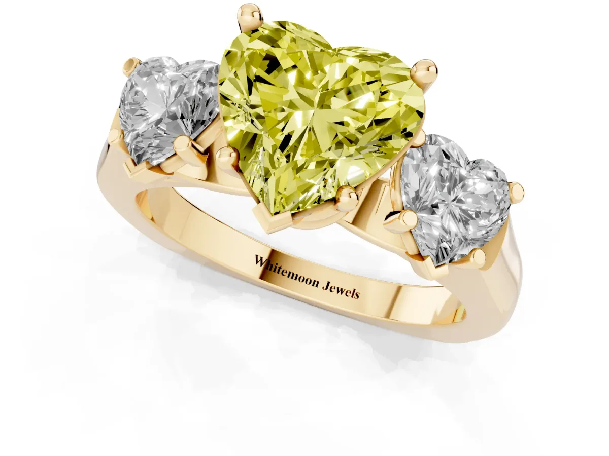Fancy Yellow Three-Stone Heart Cut Brilliant Diamond Trellis Ring with Comfort Fit Band Yellow gold