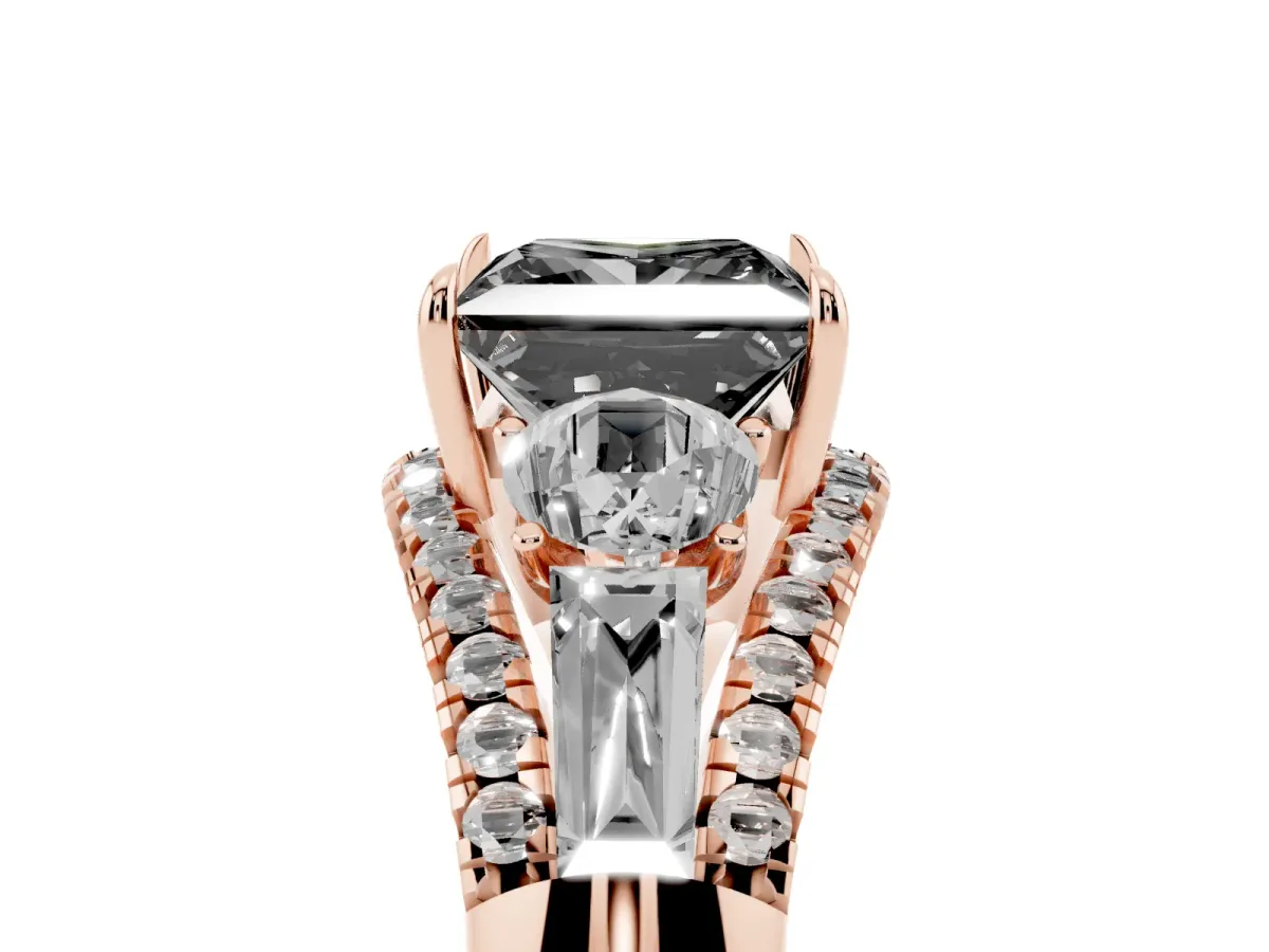 Fancy Black Three-Stone Princess Cut Diamond Engagement Ring with Pave Band and Prong Setting Rose gold