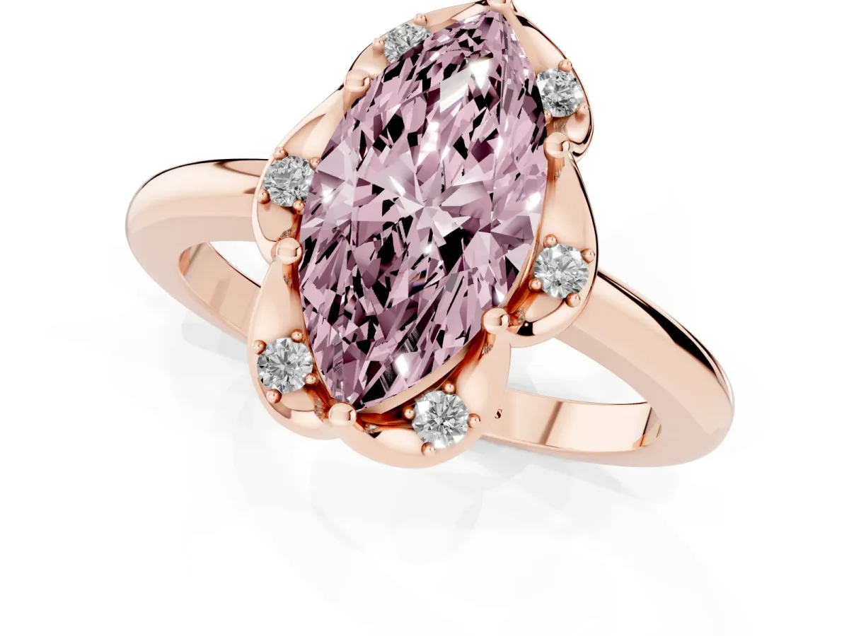 Fancy Pink Marquise Cut Halo Diamond Ring with Round Cluster Setting, Solitaire Band, and Four-Prong Setting Rose gold