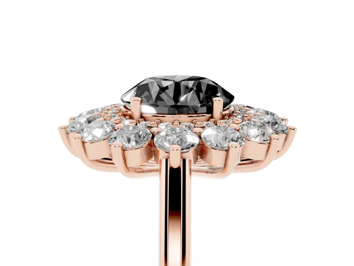 Fancy Black Round Cut Diamond Floral Double Halo Engagement Ring with Prong Setting Rose gold