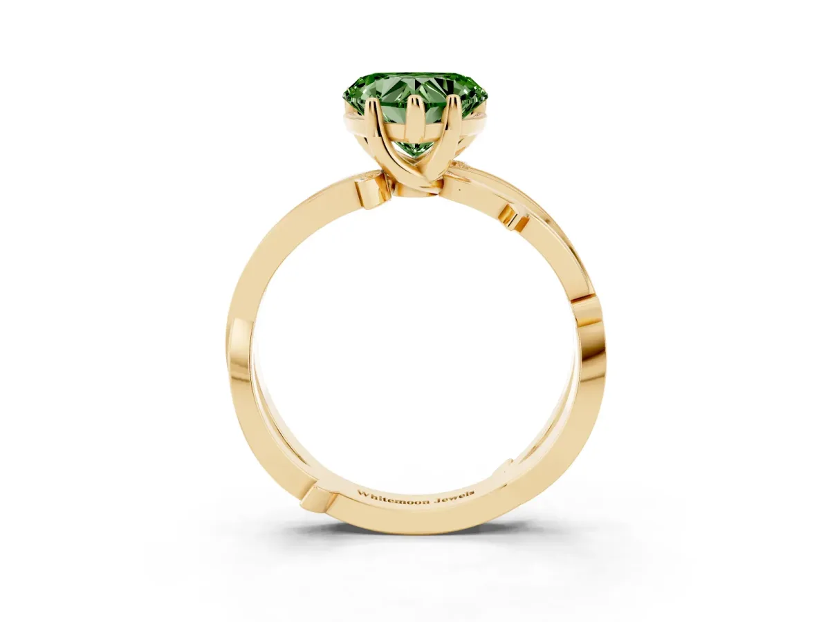 Fancy Green Heart Cut Solitaire Twist Band with Pavé Accents and Four-Prong Setting Yellow gold