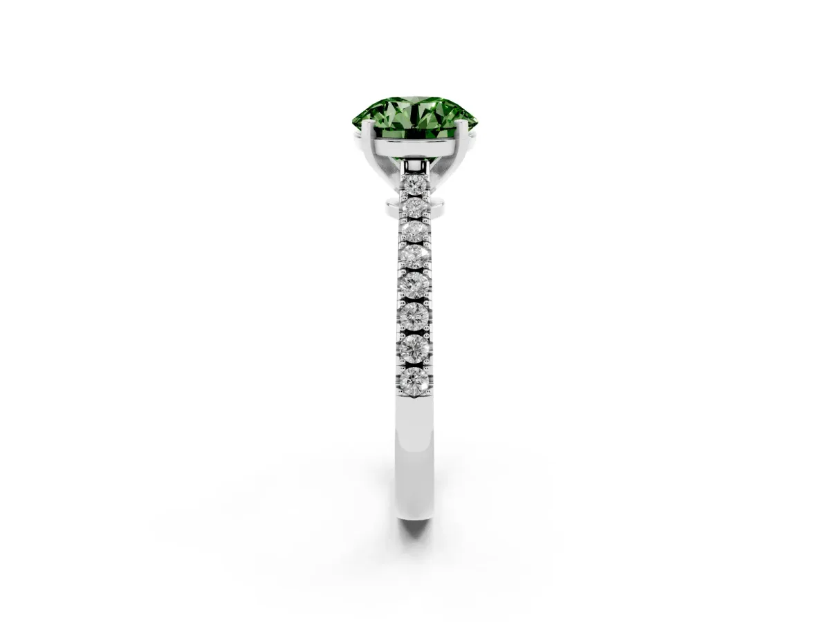 Fancy Green Round Cut Cut Solitaire Diamond Engagement Ring with Pave Band and Four-Prong Setting Silver