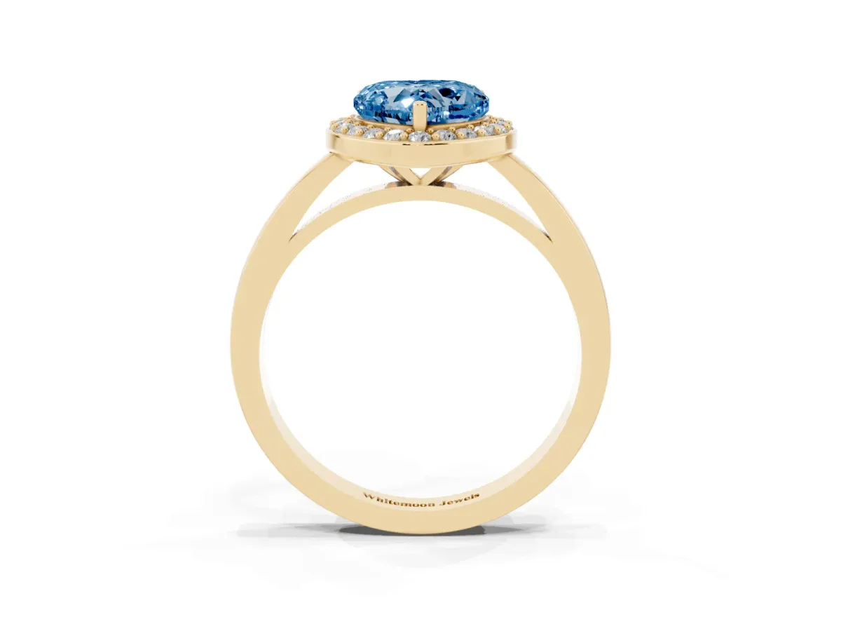 Fancy Blue Heart Cut Halo Diamond Ring with Solitaire Band and Prong Setting Yellow gold