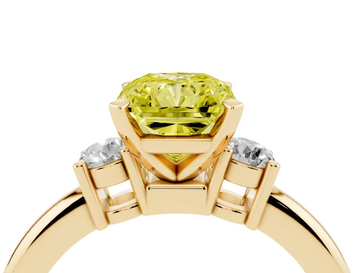 Fancy Yellow Three-Stone Radiant Cut Cut Diamond Solitaire with Prong Setting and Classic Band Yellow gold