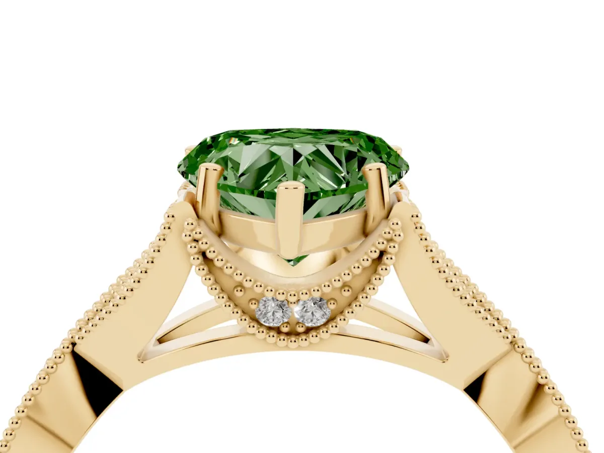 Fancy Green Heart Cut Cut Diamond Twisted Band with Milgrain Pave Setting and Four-Prong Setting Yellow gold