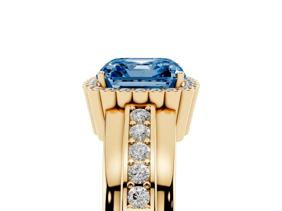 Fancy Blue Asscher Cut Cut Halo Pave Band Four-Prong Ring Yellow gold