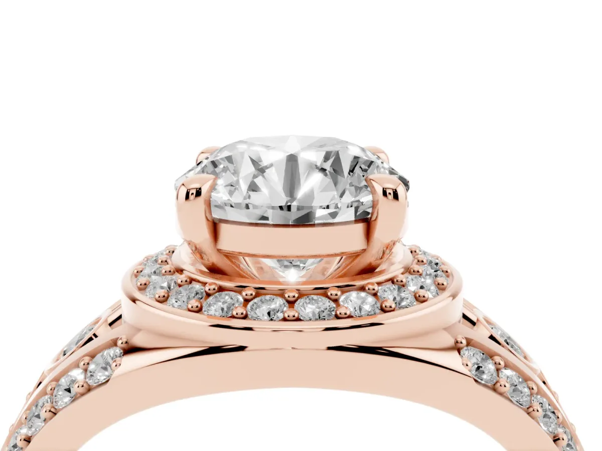 Round Cut Diamond Halo Ring with Split Shank and Bezel Accents and Four-Prong Setting Rose gold