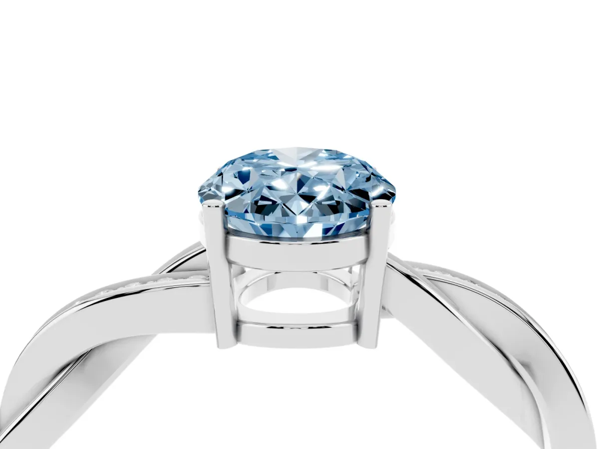Fancy Blue Oval Cut Solitaire Twisted Pave Diamond Ring with Four-Prong Setting Platinum