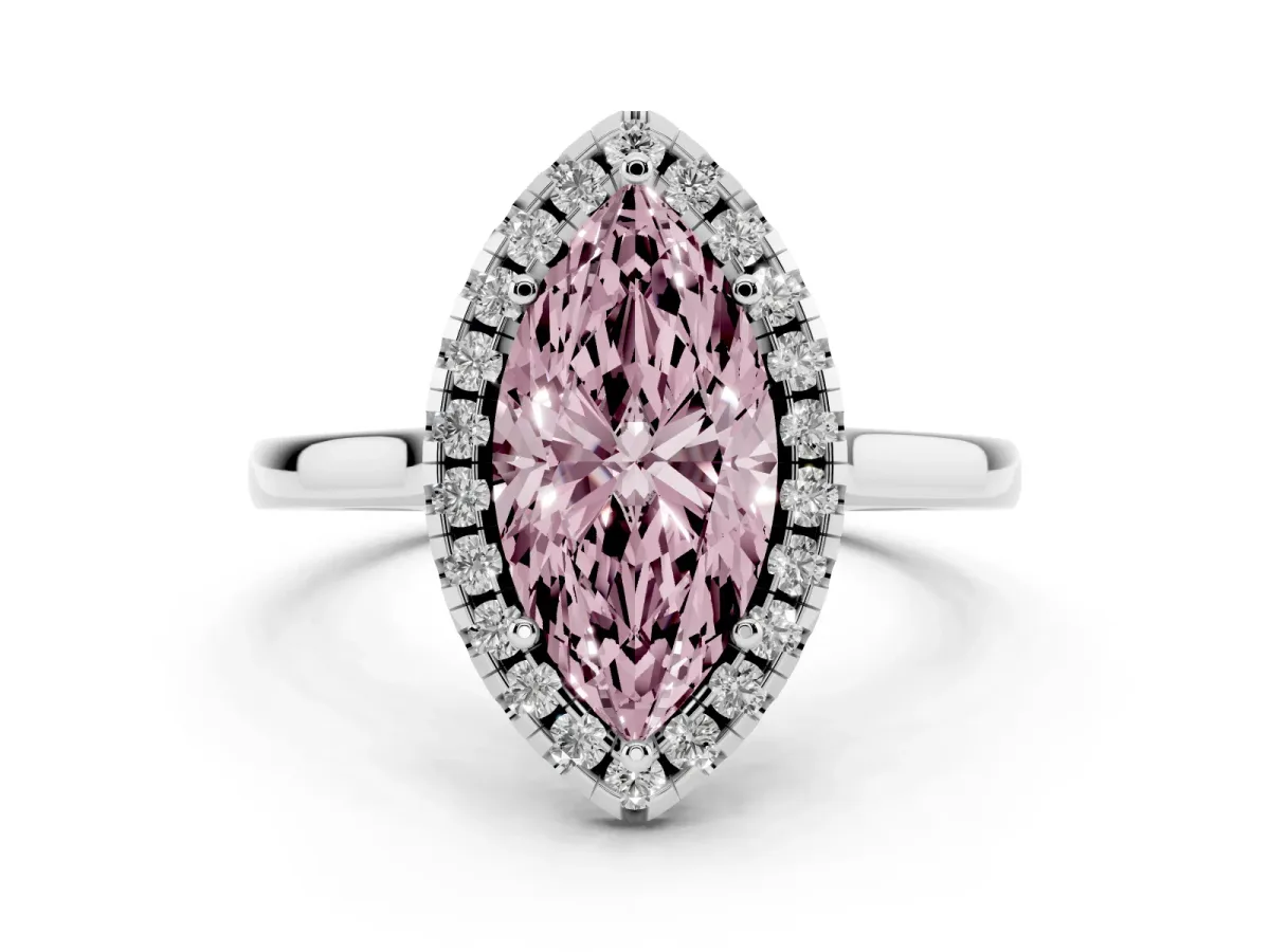 Fancy Pink Marquise Cut Halo Round Diamond Solitaire Ring with Pavé Band and Four-Prong Setting Silver