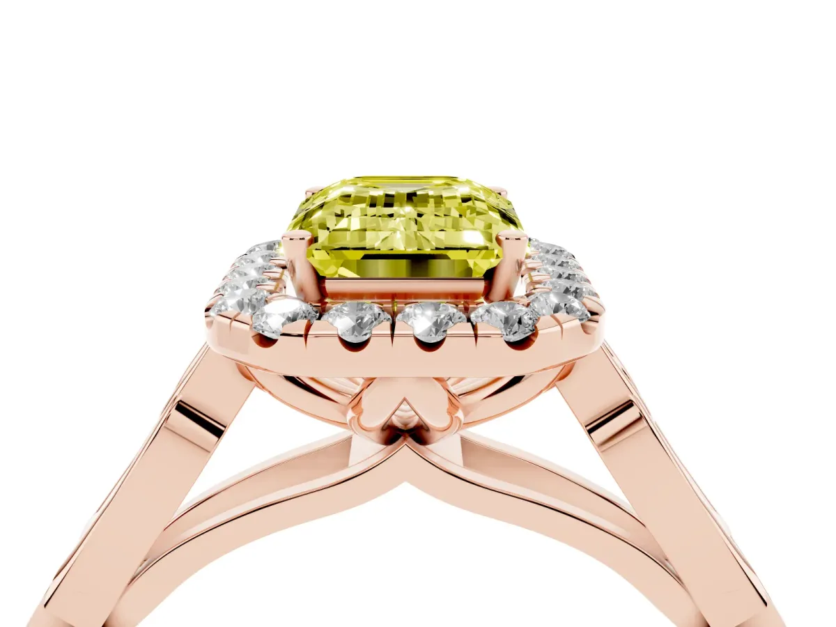 Fancy Yellow Emerald Cut Halo Diamond Engagement Ring with Filigree Band and Four-Prong Setting Rose gold
