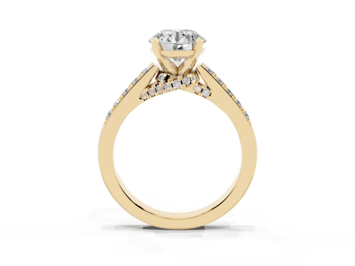 Round Cut Diamond Solitaire Ring with Crossover Gallery and Round Pavé Band Yellow gold