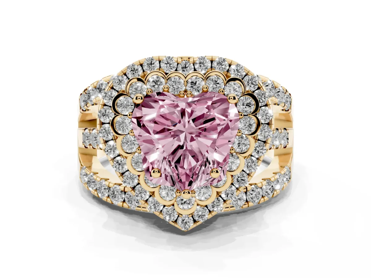 Fancy Pink Heart Cut Diamond Double Halo Ring with Round Pavé Split Shank and Prong Setting Yellow gold