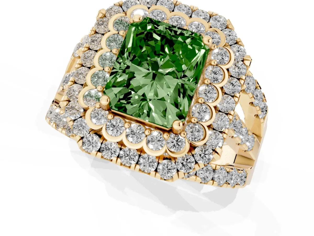 Fancy Green Radiant Cut Diamond Double Halo Ring with Round Pavé Split Shank and Prong Setting Yellow gold