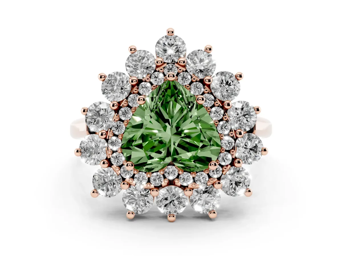 Fancy Green Heart Cut Diamond Floral Double Halo Engagement Ring with Prong Setting Rose gold