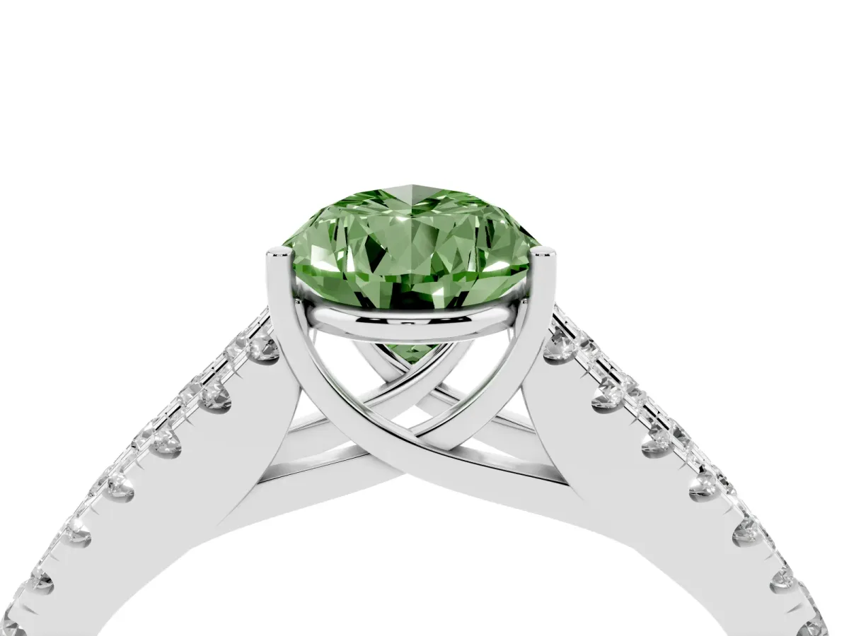 Fancy Green Pear Cut Diamond Split Shank Pavé Engagement Ring with Four-Prong Setting Platinum