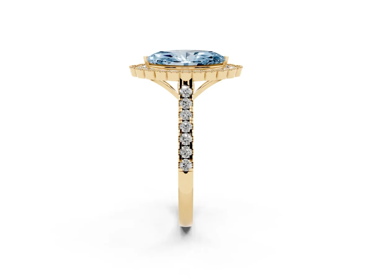 Fancy Blue Marquise Cut Cut Diamond Milgrain Floral Halo Engagement Ring with Pavé Band Yellow gold