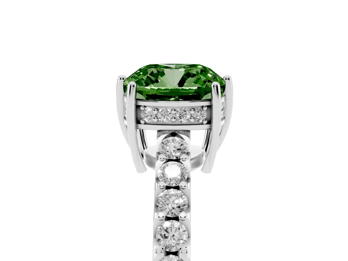 Fancy Green Cushion Cut Solitaire Diamond Engagement Ring with Pavé Band and Six-Prong Setting Silver