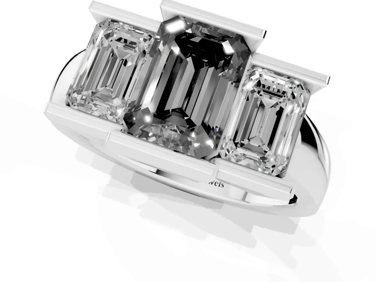 Fancy Black Three Stone Emerald Cut Cut Channel Set Diamond Ring Silver