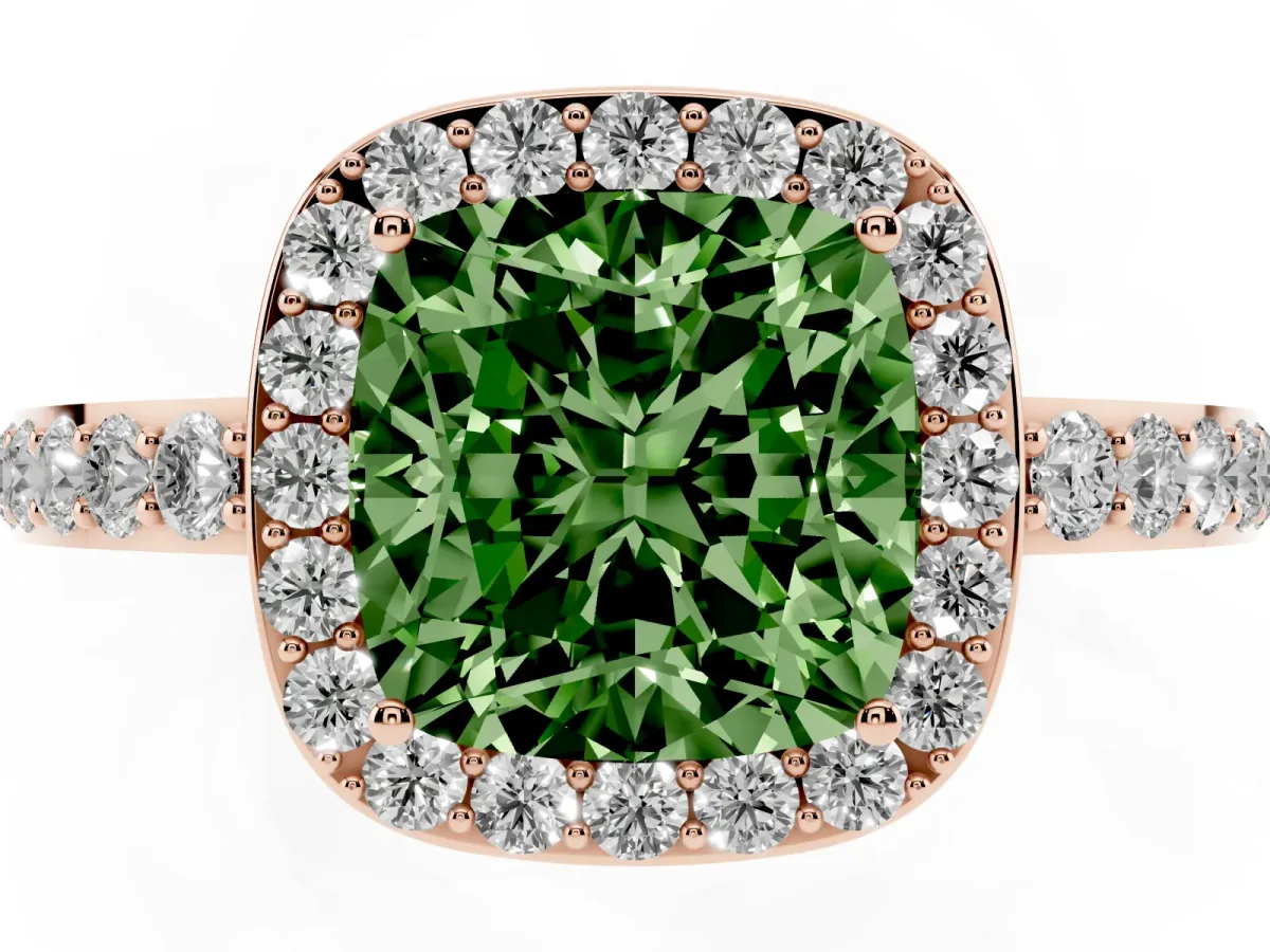 Fancy Green Cushion Cut Halo Diamond Pavé Band Ring with Prong Setting Rose gold
