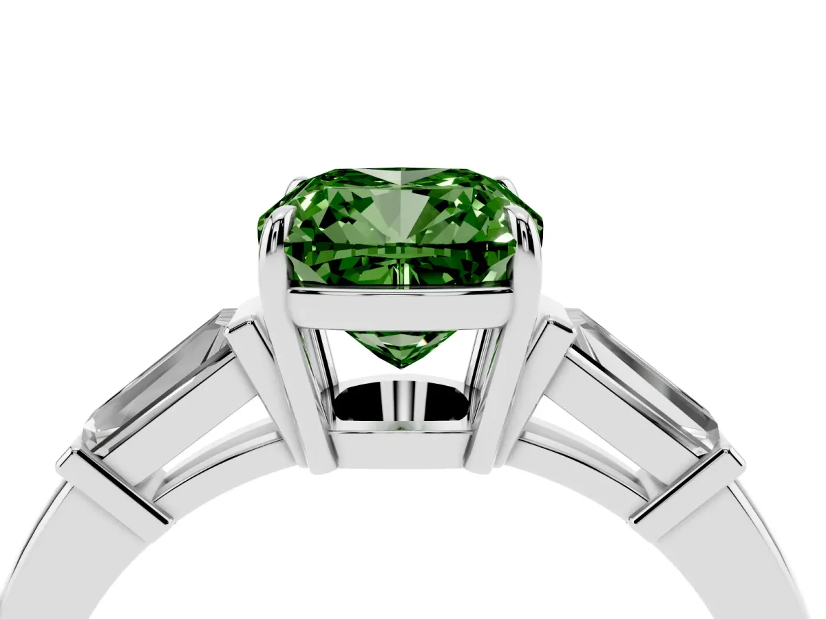 Fancy Green Cushion Cut Diamond Three-Stone Ring with Tapered Baguette Side Stones and Prong Setting Silver