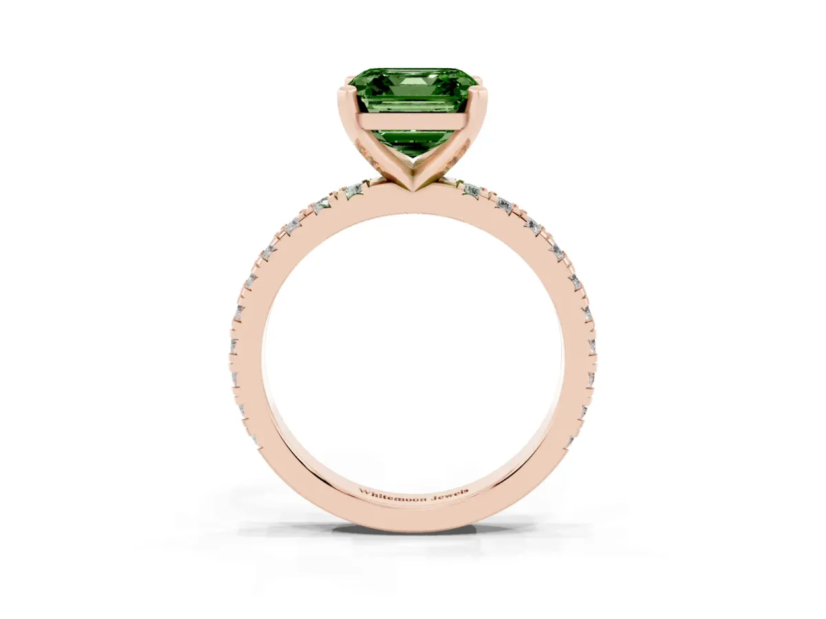 Fancy Green Asscher Cut Diamond Pavé Band Solitaire with Four-Prong Setting Rose gold
